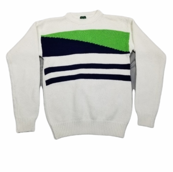 IZOD Sweater Adult Size Small Vintage Cotton Stripes Geometric Blue Lime Green - Picture 8 of 8